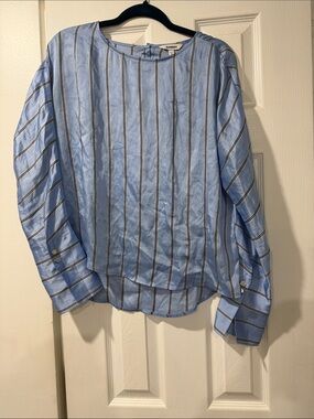 Express Light Blue Striped Blouse with Black & White Pinstripes